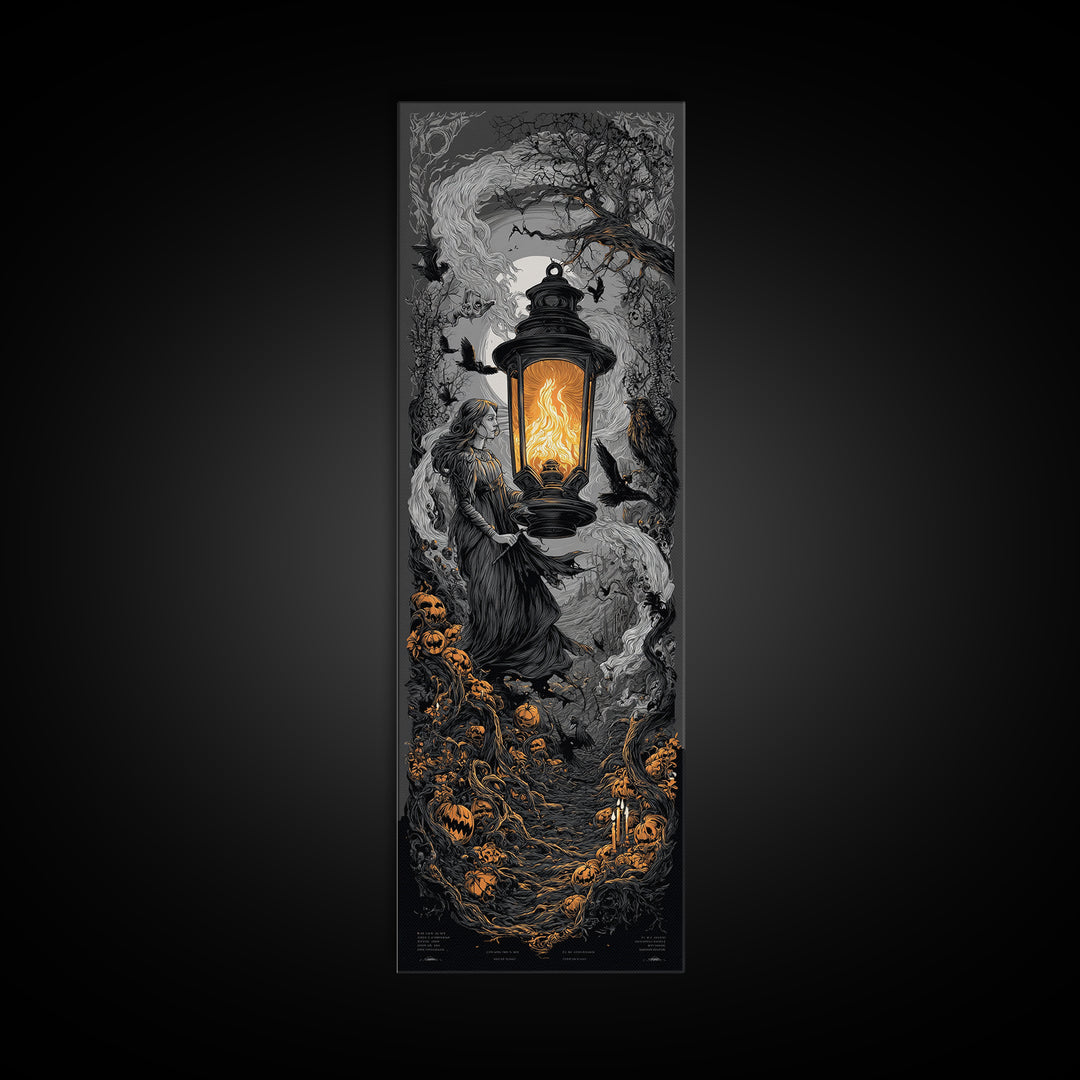 The Lantern Specter, Tall Narrow Wall Art, Haunted Gothic Art, Framed Canvas Print, Halloween Wall Decor, Gothic Home Decor