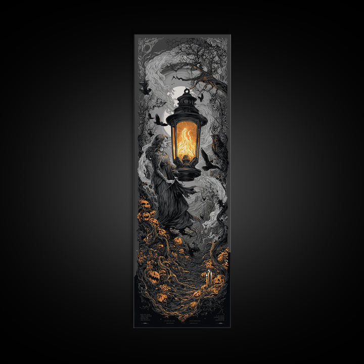 The Lantern Specter, Tall Narrow Wall Art, Haunted Gothic Art, Framed Canvas Print, Halloween Wall Decor, Gothic Home Decor
