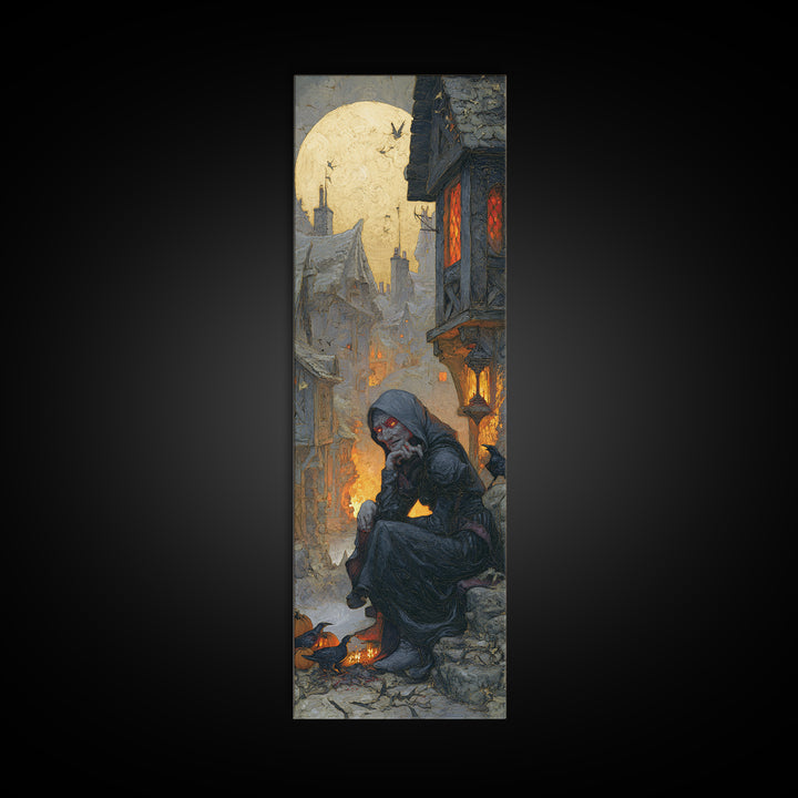 The Red-Eyed Night Hag, Tall Narrow Wall Art, Spooky Home Decor, Canvas Print, Halloween Wall Decor, Gothic Home Decor
