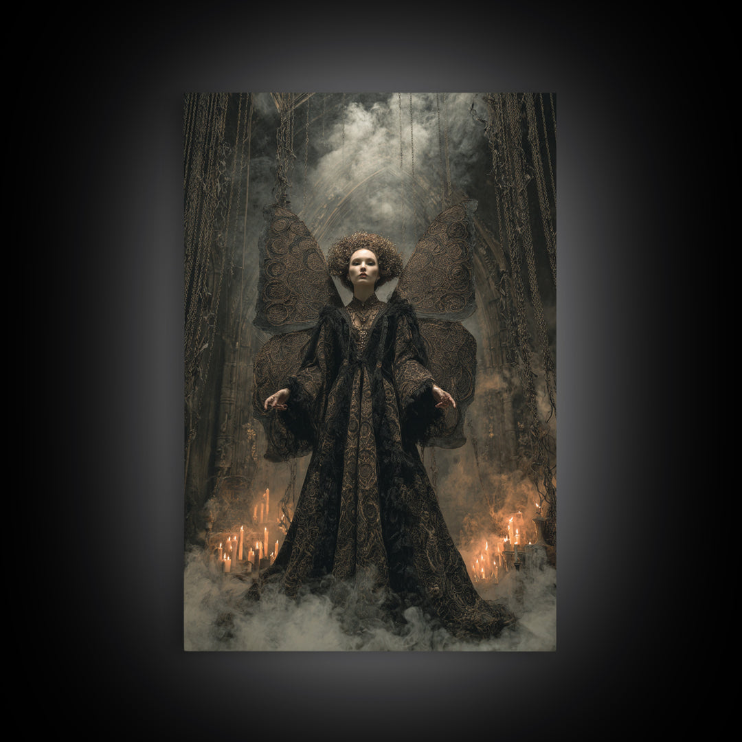 The Velvet Moth Witch, Vertical Wall Art, Macabre Wall Art, Framed Canvas Print, Halloween Wall Decor, Gothic Home Decor, Halloween Decor