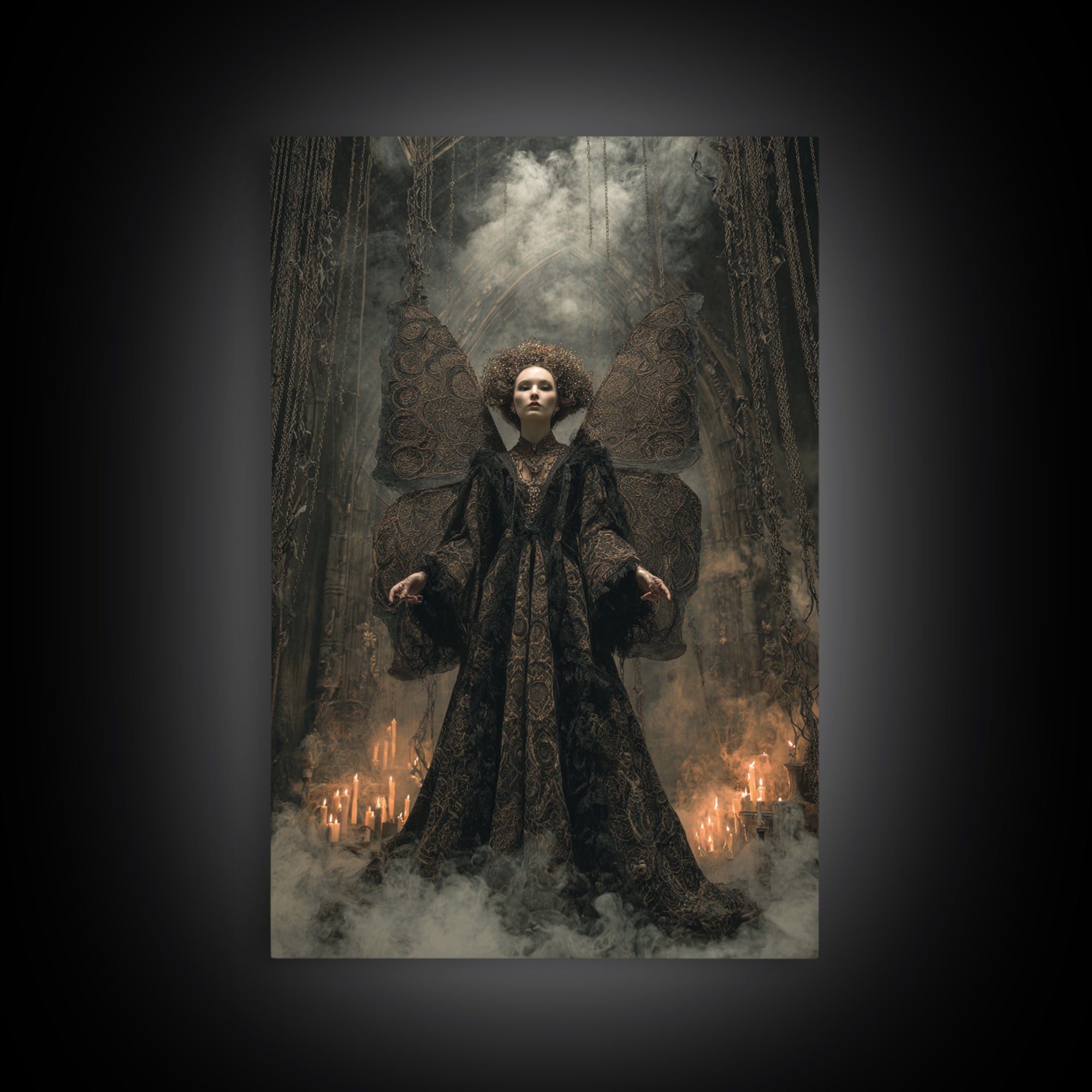 The Velvet Moth Witch, Vertical Wall Art, Macabre Wall Art, Framed Canvas Print, Halloween Wall Decor, Gothic Home Decor, Halloween Decor