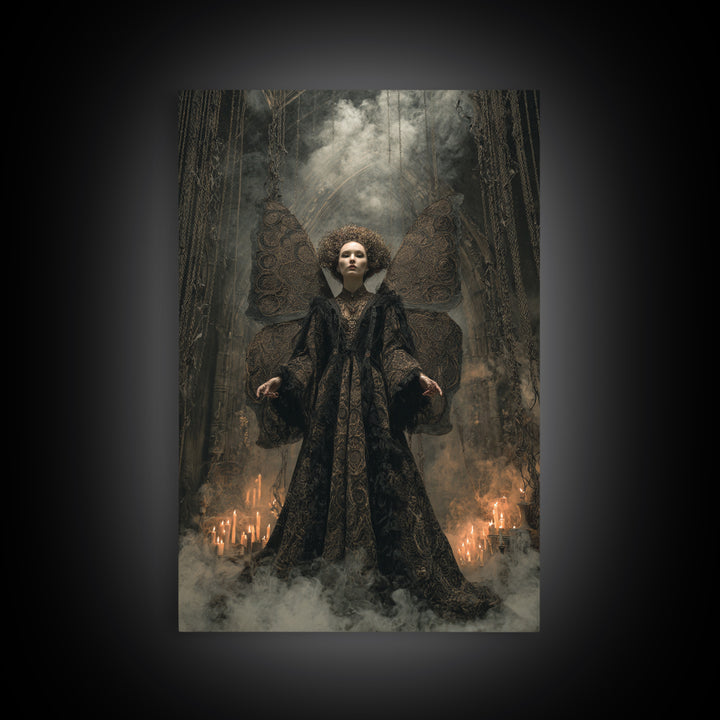 The Velvet Moth Witch, Vertical Wall Art, Macabre Wall Art, Framed Canvas Print, Halloween Wall Decor, Gothic Home Decor, Halloween Decor