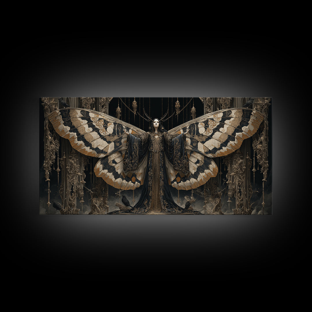 The Velvet Moth Witch, Wide Panoramic Art, Dark Halloween Decor, Canvas Print, Halloween Wall Decor, Gothic Home Decor, Halloween Wall Art