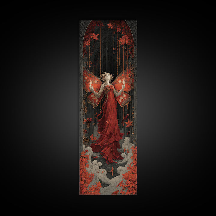 The Velvet Moth Witch, Tall Narrow Wall Art, Macabre Wall Art, Framed Canvas Print, Halloween Wall Decor, Gothic Home Decor