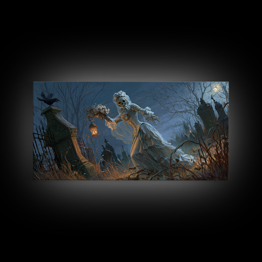 The Ghostly Groom, Wide Panoramic Art, Haunted Gothic Art, Framed Canvas Print, Halloween Wall Decor, Gothic Home Decor, Spooky Wall Decor