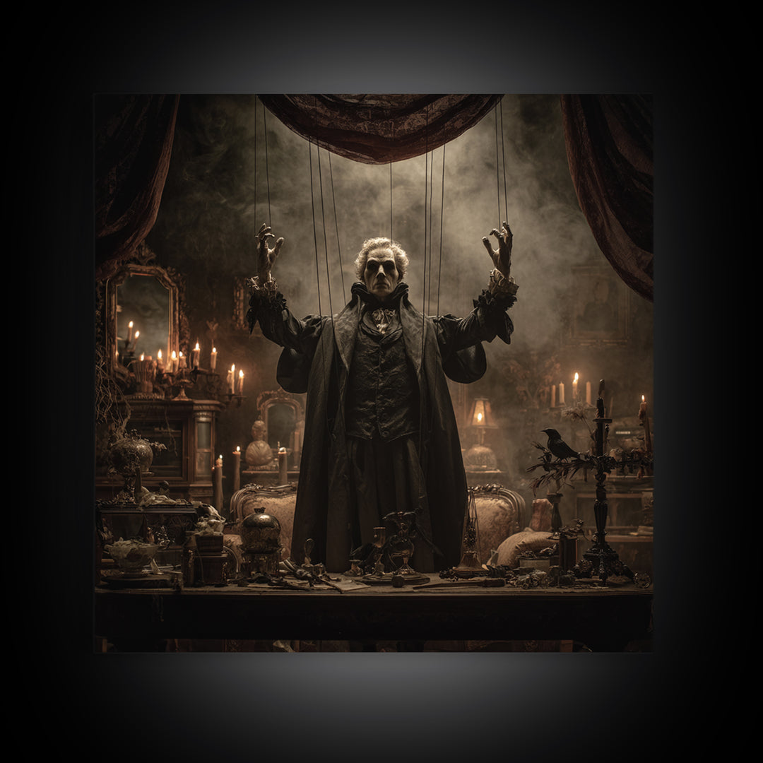 The Marionette Master, Square Wall Art, Macabre Wall Art, Framed Canvas Print, Halloween Wall Decor, Gothic Home Decor, Seasonal Home Decor