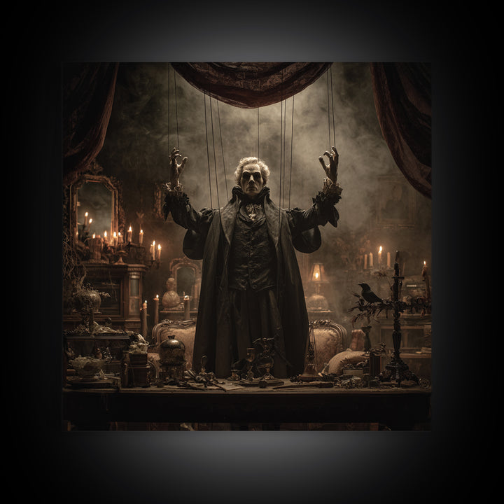 The Marionette Master, Square Wall Art, Macabre Wall Art, Framed Canvas Print, Halloween Wall Decor, Gothic Home Decor, Seasonal Home Decor