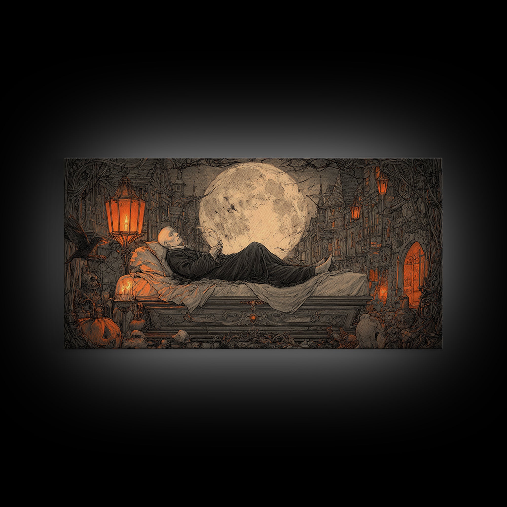 The Coffin Sleeper, Wide Panoramic Art, Dark Halloween Decor, Canvas Print, Halloween Wall Decor, Gothic Home Decor, Statement Wall Art