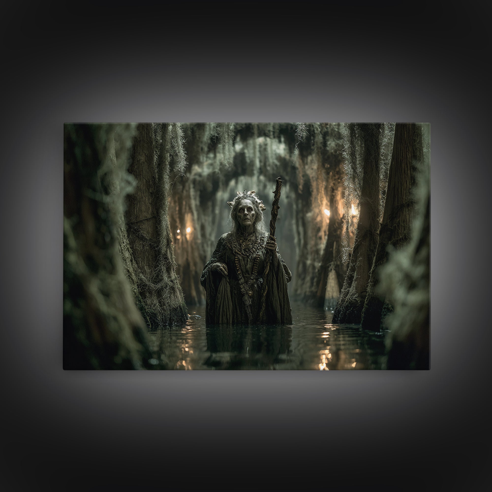 The Swamp Witch, Landscape Wall Art, Gothic Horror Wall Art, Framed Canvas Print, Halloween Wall Decor, Gothic Home Decor