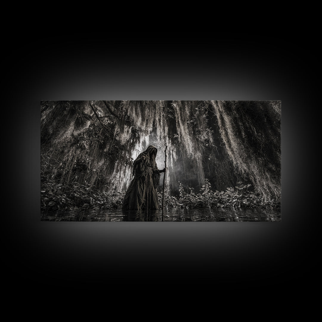 The Swamp Witch, Wide Panoramic Art, Gothic Horror Wall Art, Framed Canvas Print, Halloween Wall Decor, Gothic Home Decor