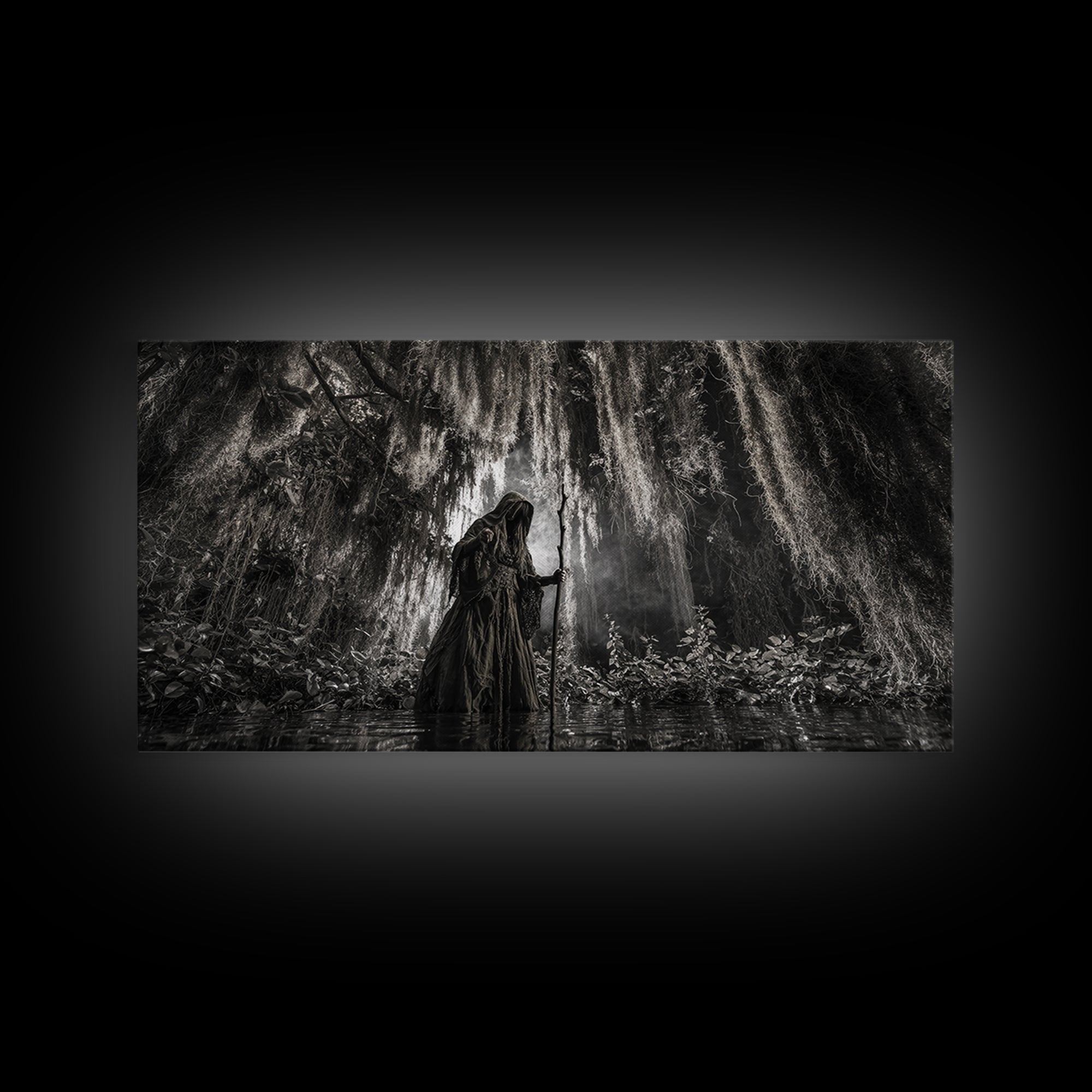 The Swamp Witch, Wide Panoramic Art, Gothic Horror Wall Art, Framed Canvas Print, Halloween Wall Decor, Gothic Home Decor