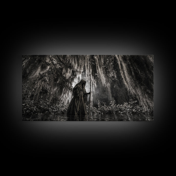The Swamp Witch, Wide Panoramic Art, Gothic Horror Wall Art, Framed Canvas Print, Halloween Wall Decor, Gothic Home Decor