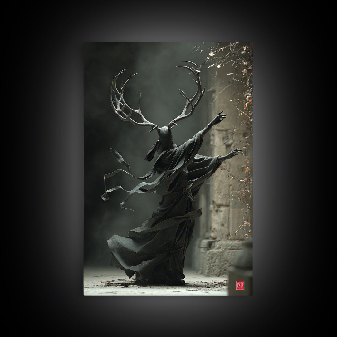 The Antlered Forest Spirit, Vertical Wall Art, Macabre Wall Art, Framed Canvas Print, Halloween Wall Decor, Gothic Home Decor