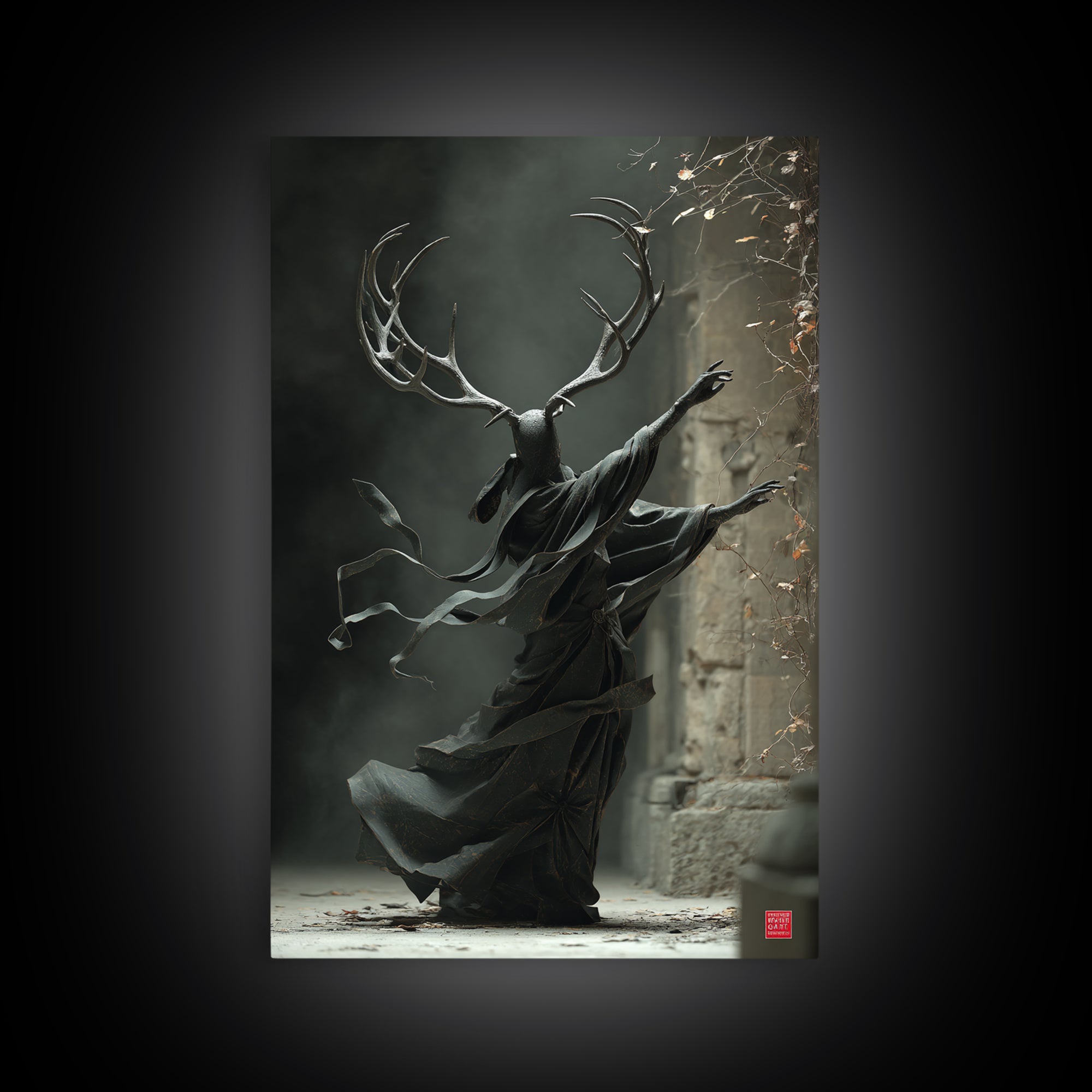 The Antlered Forest Spirit, Vertical Wall Art, Macabre Wall Art, Framed Canvas Print, Halloween Wall Decor, Gothic Home Decor