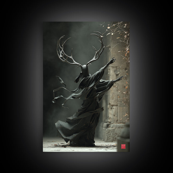 The Antlered Forest Spirit, Vertical Wall Art, Macabre Wall Art, Framed Canvas Print, Halloween Wall Decor, Gothic Home Decor