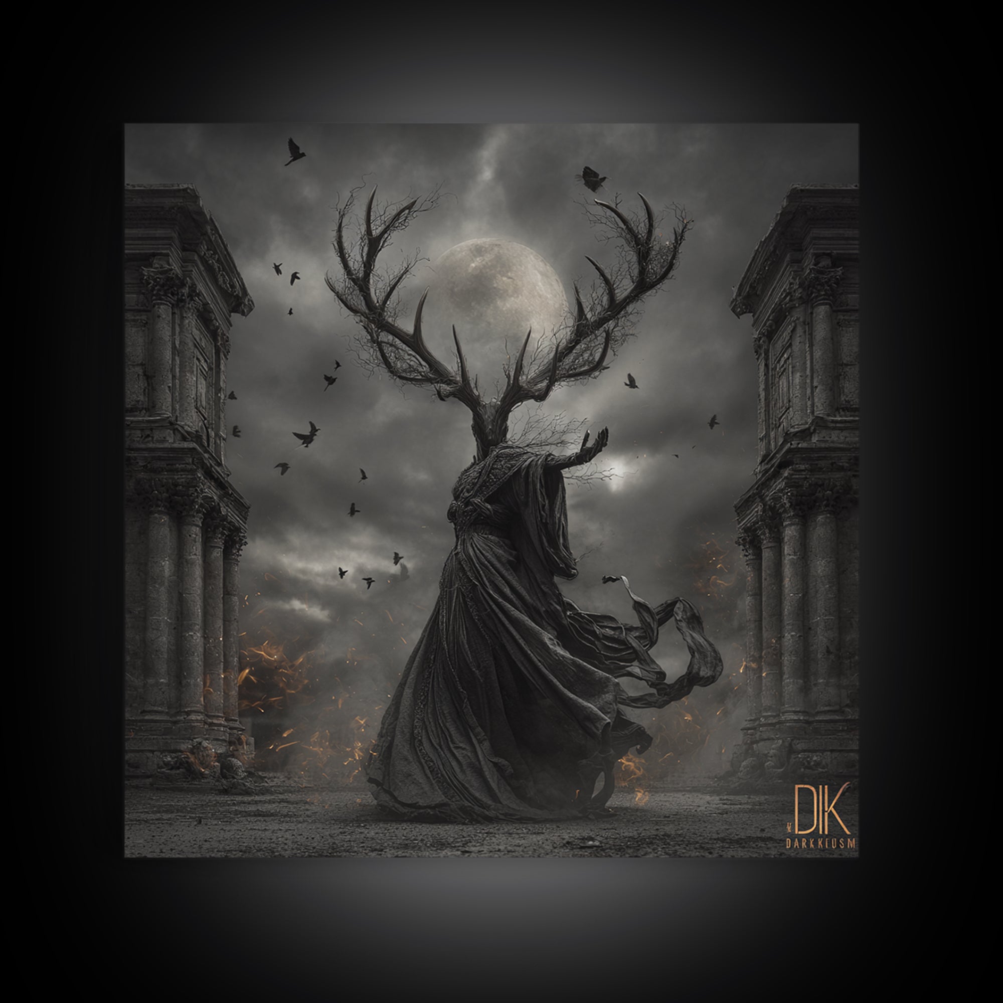 The Antlered Forest Spirit, Square Wall Art, Haunted Gothic Art, Framed Canvas Print, Halloween Wall Decor, Gothic Home Decor