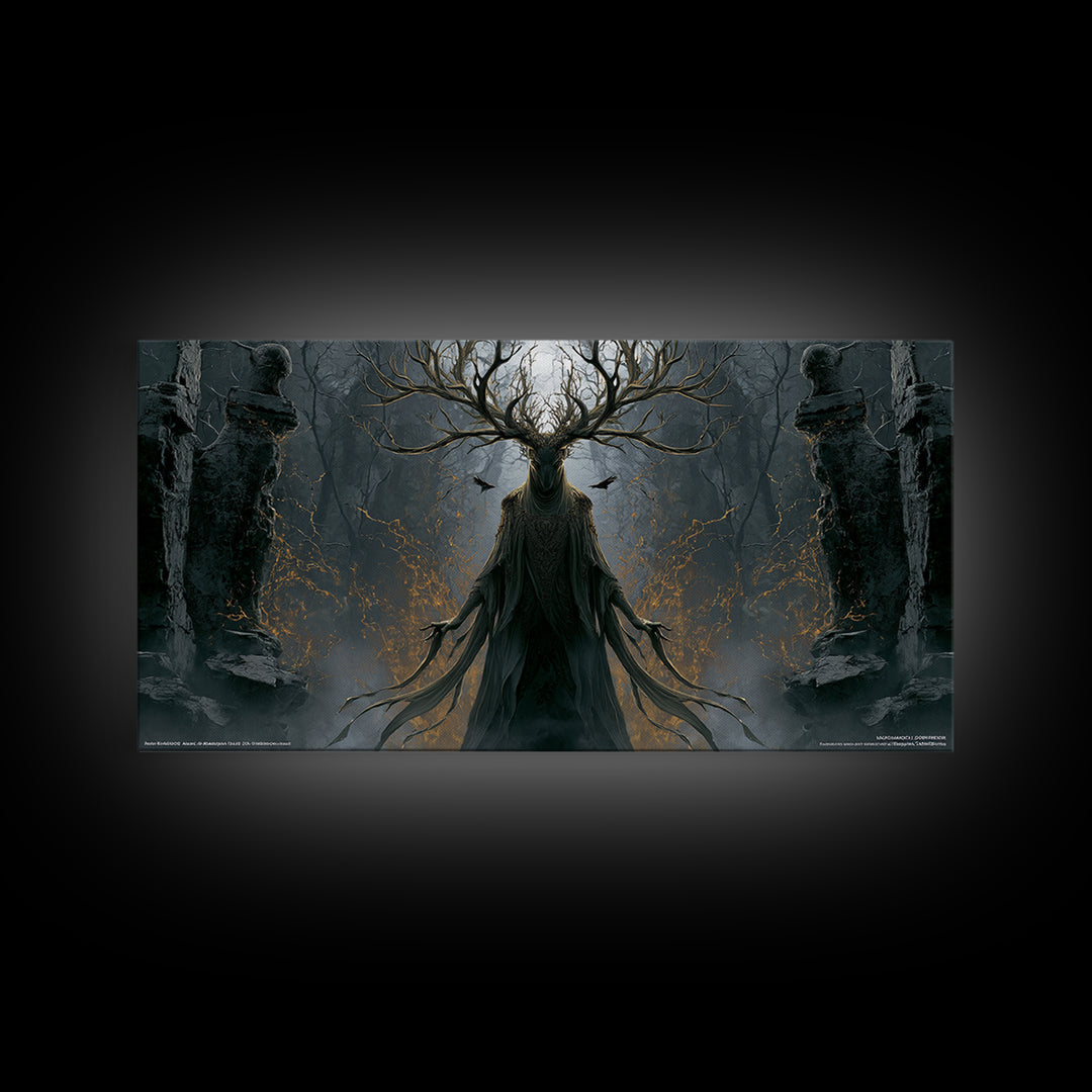 The Antlered Forest Spirit, Wide Panoramic Art, Gothic Horror Wall Art, Framed Canvas Print, Halloween Wall Decor, Gothic Home Decor