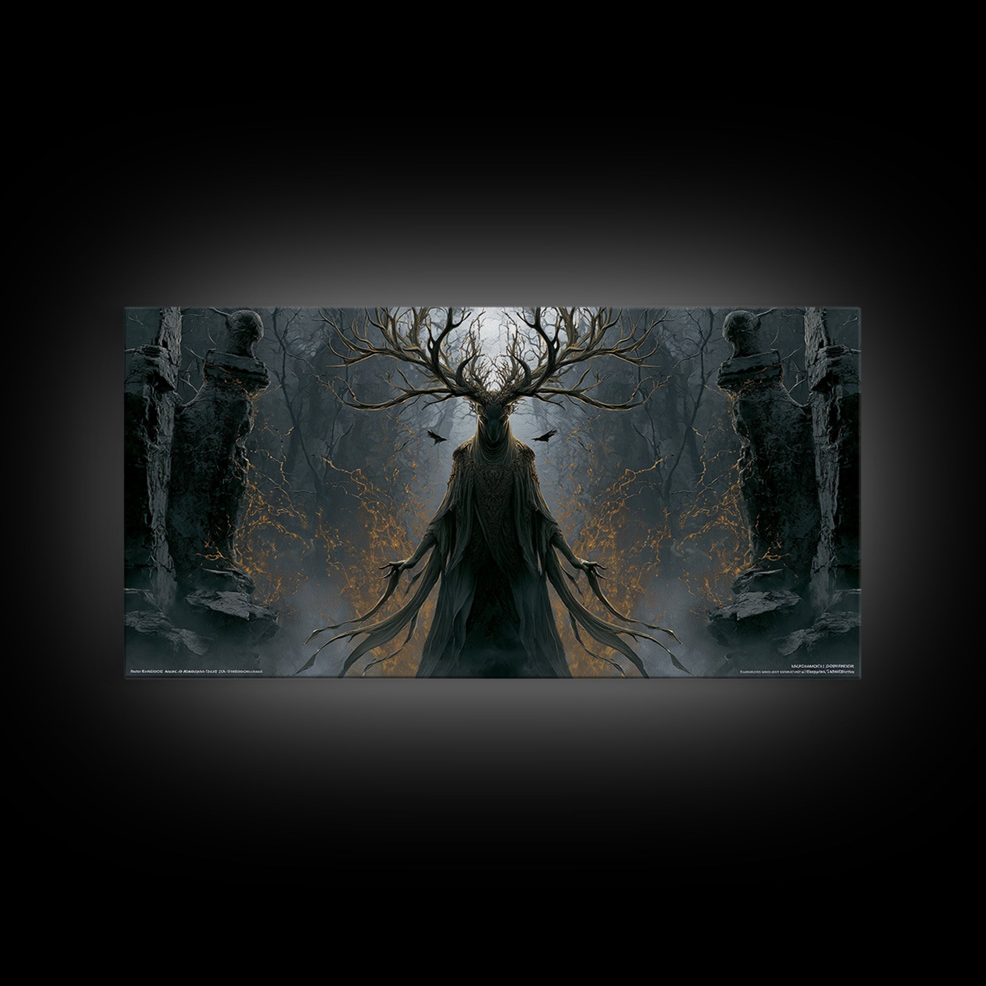 The Antlered Forest Spirit, Wide Panoramic Art, Gothic Horror Wall Art, Framed Canvas Print, Halloween Wall Decor, Gothic Home Decor