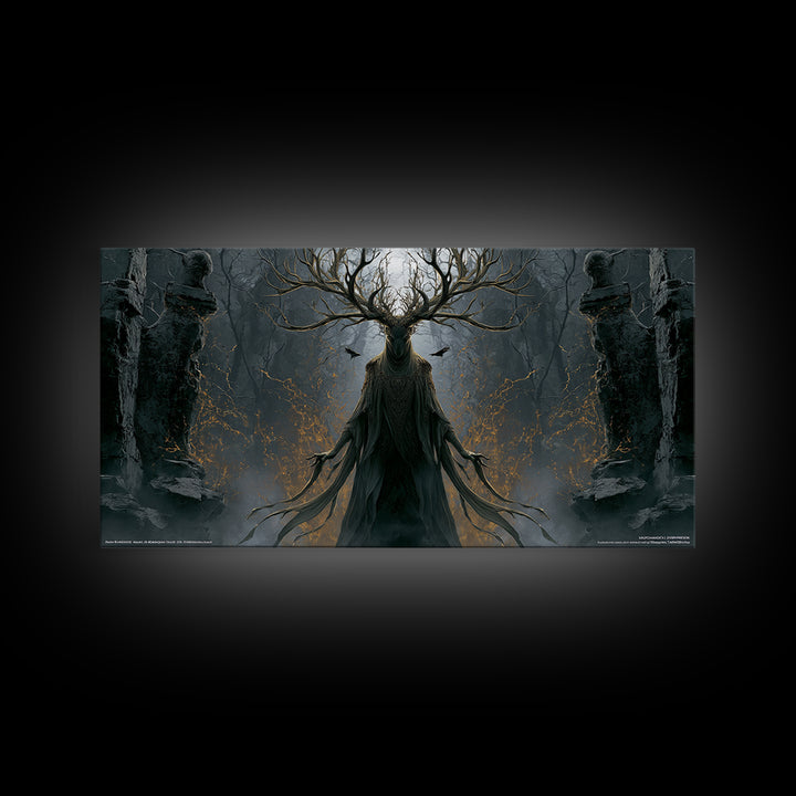 The Antlered Forest Spirit, Wide Panoramic Art, Gothic Horror Wall Art, Framed Canvas Print, Halloween Wall Decor, Gothic Home Decor