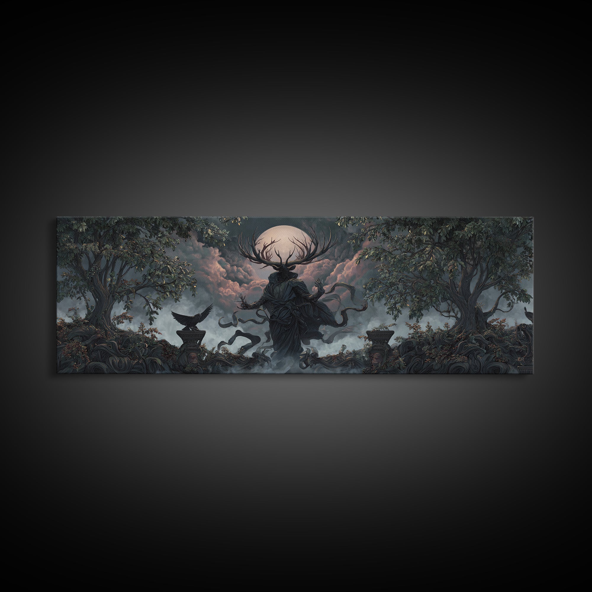The Antlered Forest Spirit, Extra Wide Wall Art, Dark Fantasy Wall Art, Canvas Print, Halloween Wall Decor, Gothic Home Decor