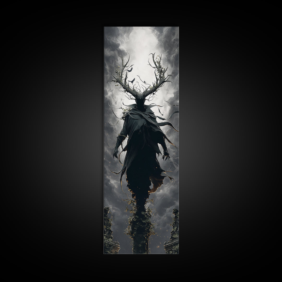 The Antlered Forest Spirit, Tall Narrow Wall Art, Macabre Wall Art, Framed Canvas Print, Halloween Wall Decor, Gothic Home Decor