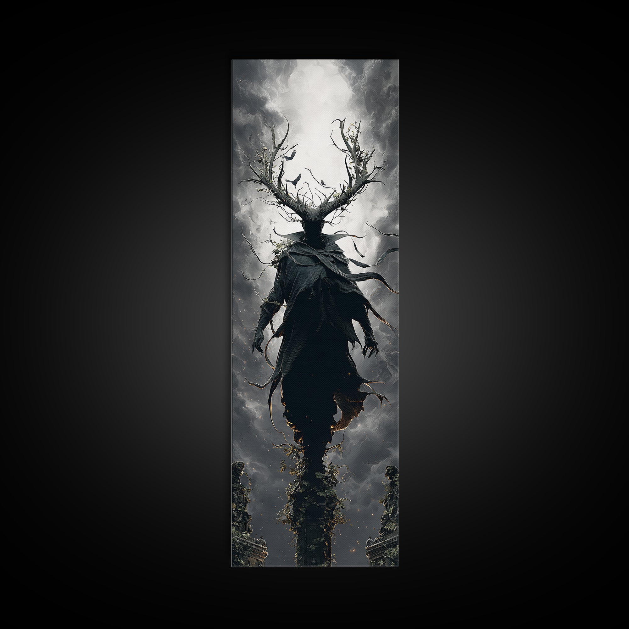 The Antlered Forest Spirit, Tall Narrow Wall Art, Macabre Wall Art, Framed Canvas Print, Halloween Wall Decor, Gothic Home Decor