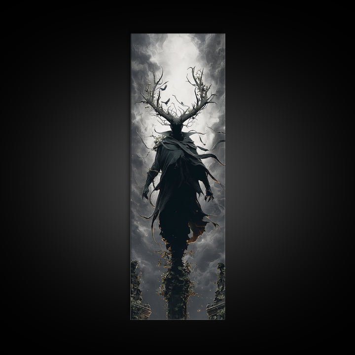 The Antlered Forest Spirit, Tall Narrow Wall Art, Macabre Wall Art, Framed Canvas Print, Halloween Wall Decor, Gothic Home Decor