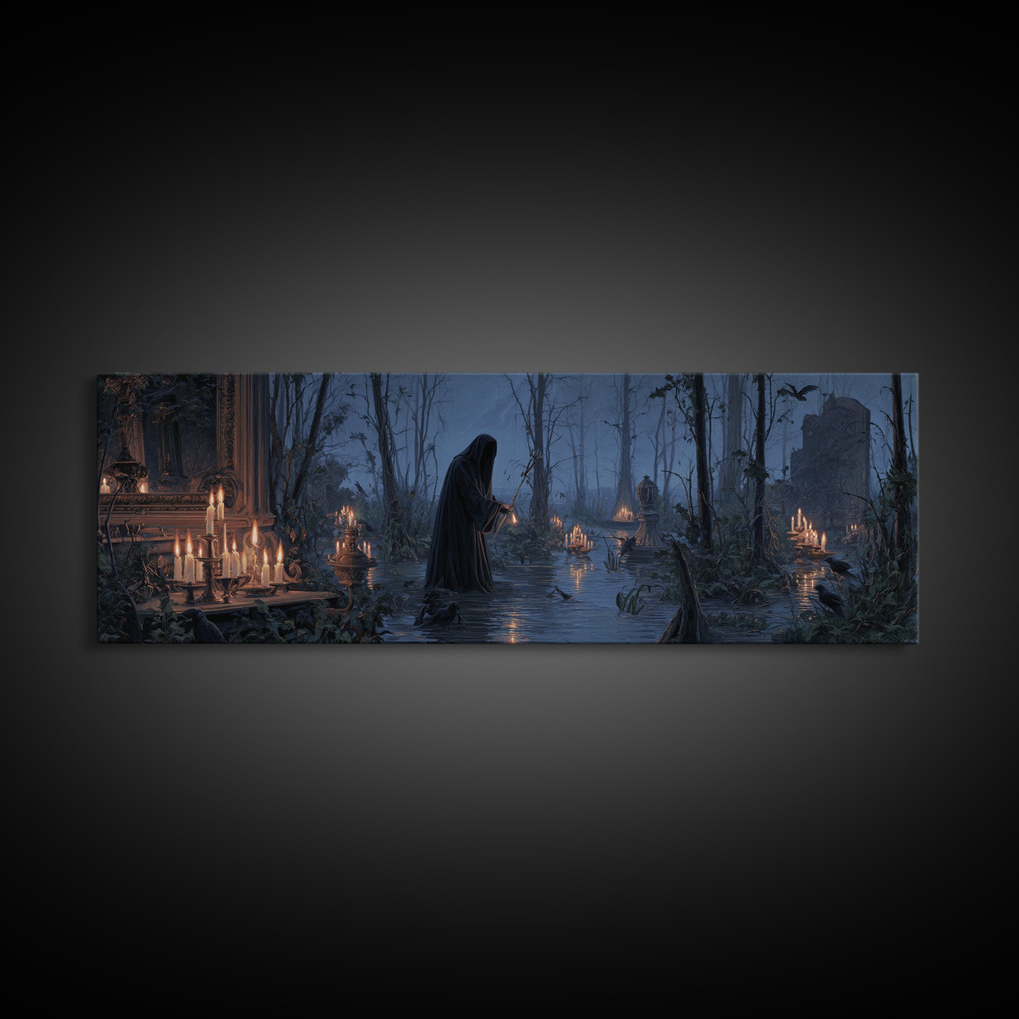 The Will-O'-The-Wisp Shepherd, Extra Wide Wall Art, Spooky Home Decor, Canvas Print, Halloween Wall Decor, Gothic Home Decor
