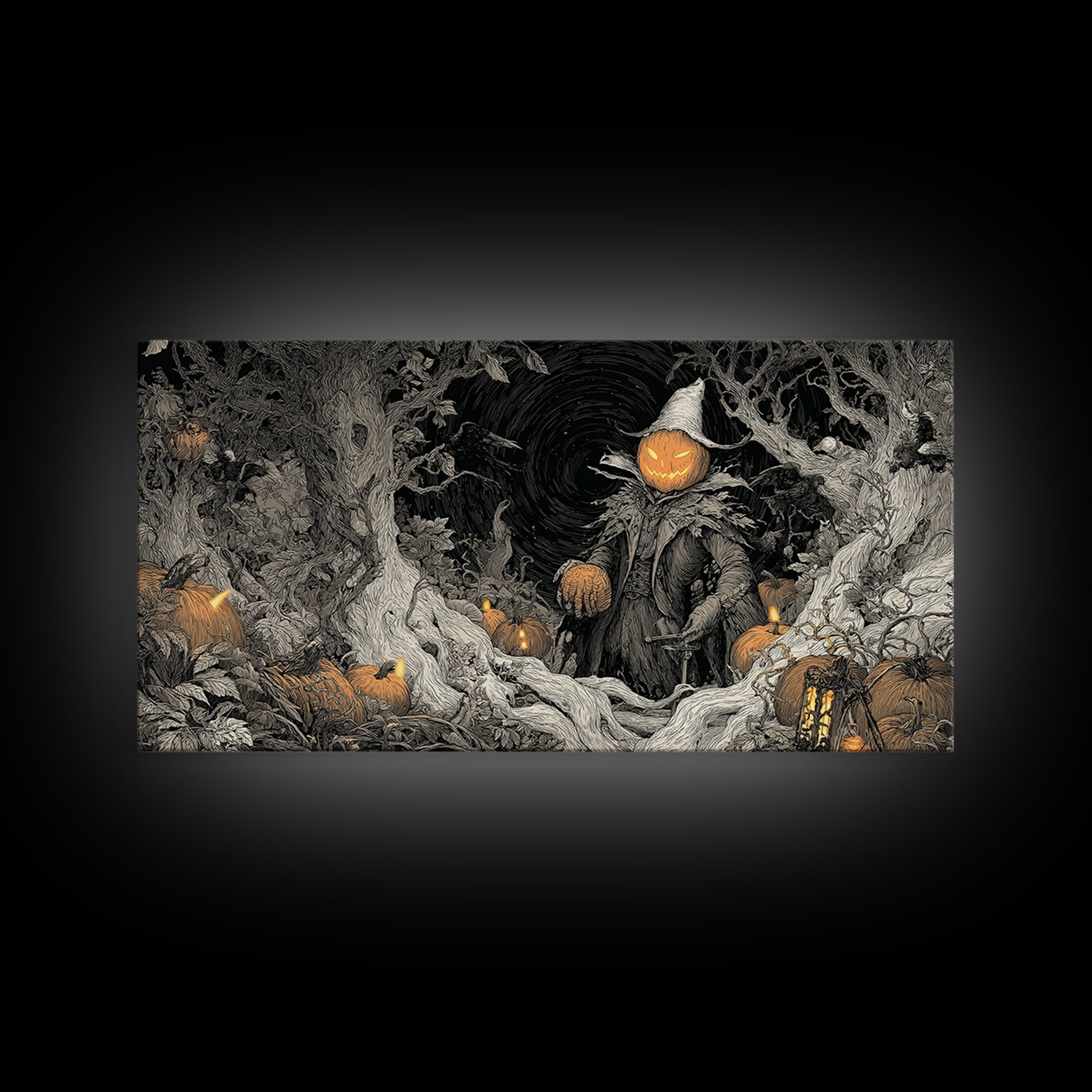 The Pumpkin Patch Goblin, Wide Panoramic Art, Spooky Home Decor, Canvas Print, Halloween Wall Decor, Gothic Home Decor, Spooky Wall Decor