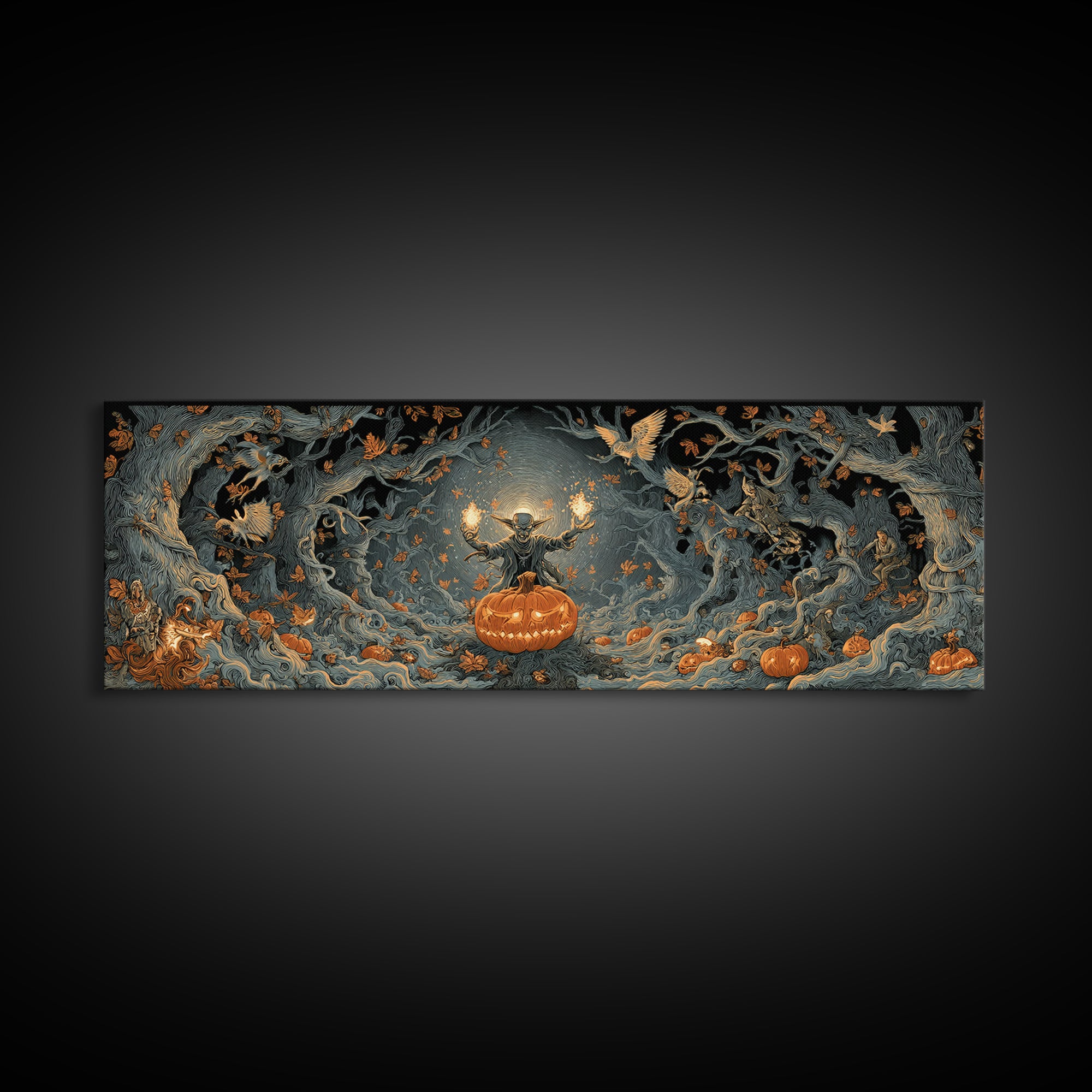 The Pumpkin Patch Goblin, Extra Wide Wall Art, Gothic Horror Wall Art, Framed Canvas Print, Halloween Wall Decor, Gothic Home Decor