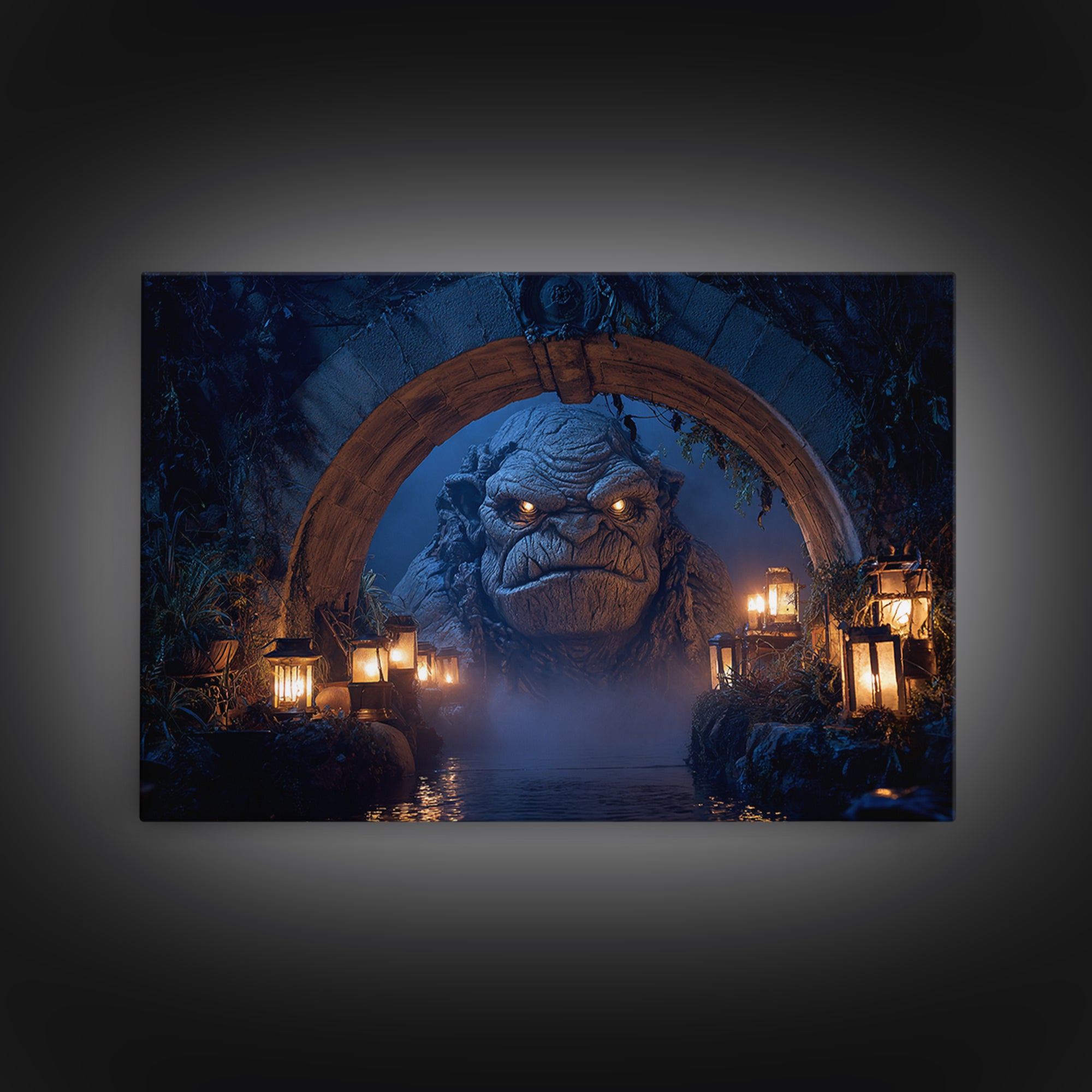 The Bridge Troll At Midnight, Landscape Wall Art, Gothic Horror Wall Art, Framed Canvas Print, Halloween Wall Decor, Gothic Home Decor
