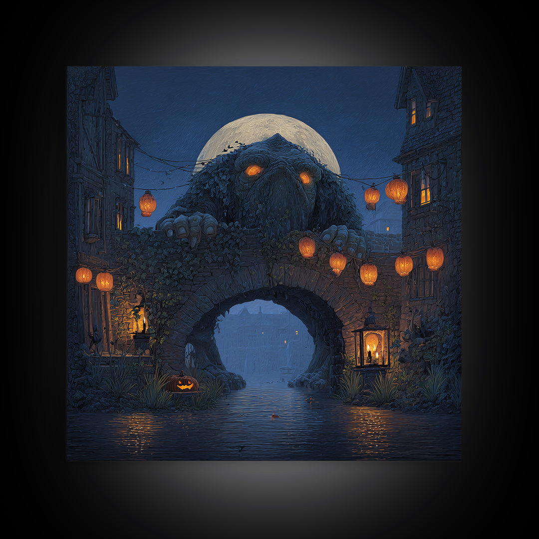 The Bridge Troll At Midnight, Square Wall Art, Spooky Home Decor, Canvas Print, Halloween Wall Decor, Gothic Home Decor, Halloween Decor