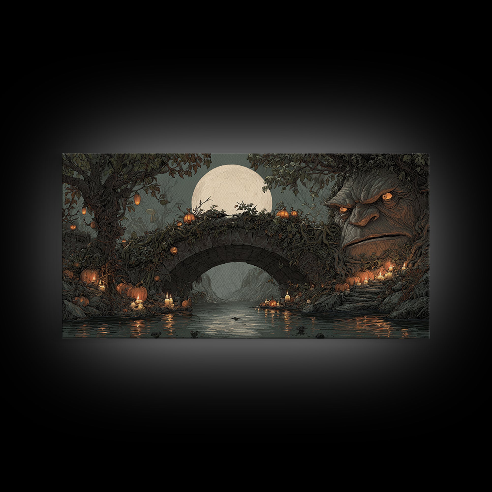 The Bridge Troll At Midnight, Wide Panoramic Art, Dark Fantasy Wall Art, Canvas Print, Halloween Wall Decor, Gothic Home Decor