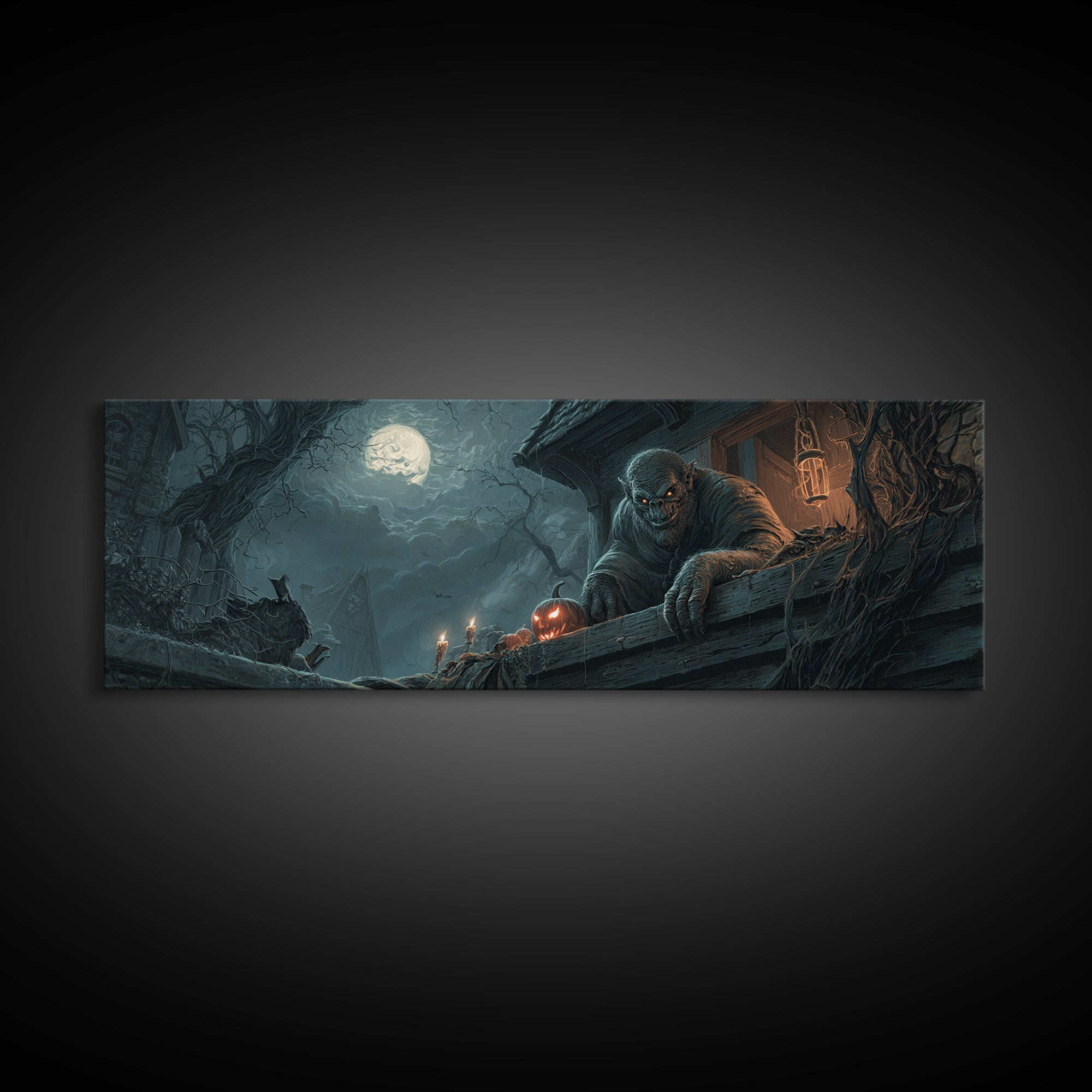 The Bridge Troll At Midnight, Extra Wide Wall Art, Dark Fantasy Wall Art, Canvas Print, Halloween Wall Decor, Gothic Home Decor