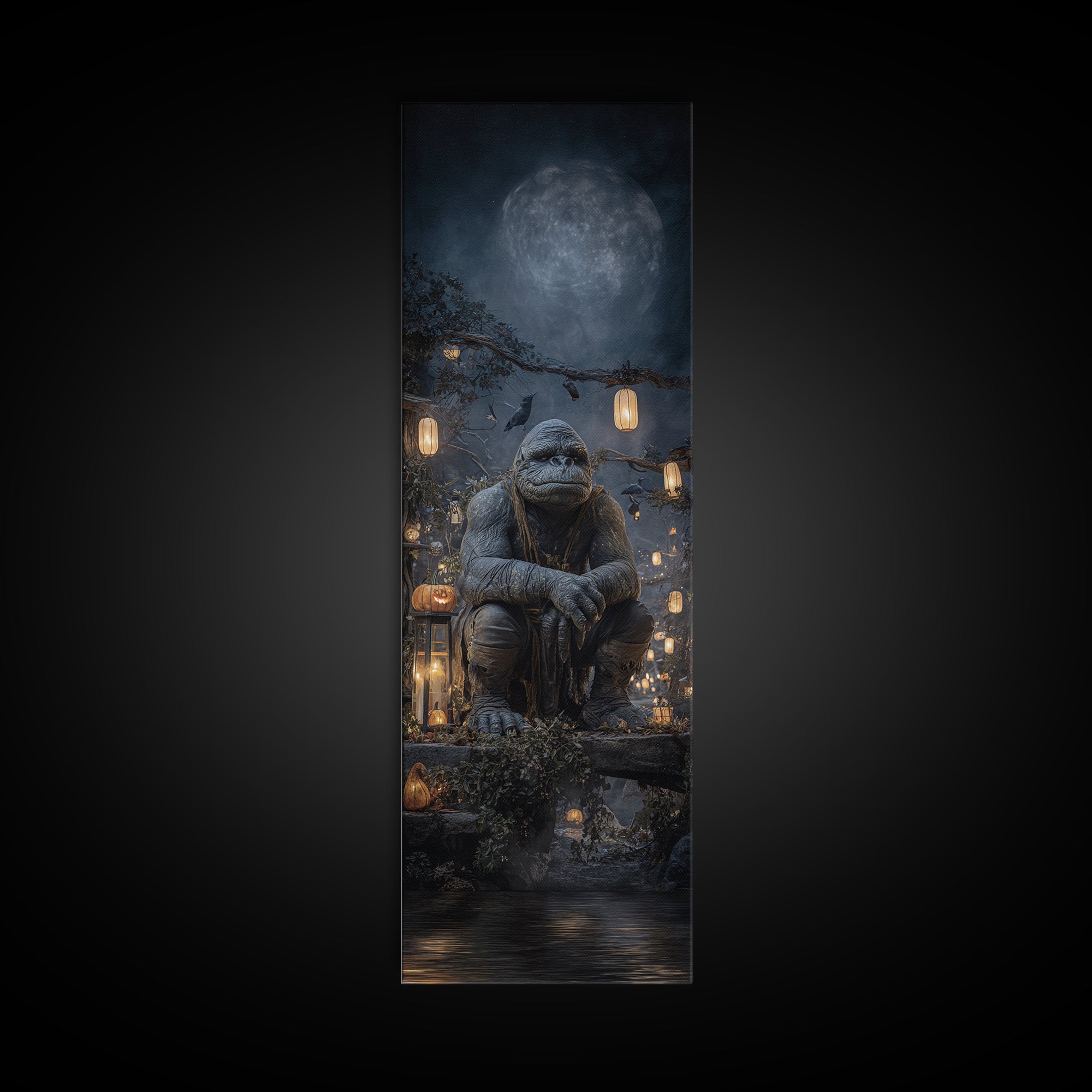 The Bridge Troll At Midnight, Tall Narrow Wall Art, Macabre Wall Art, Framed Canvas Print, Halloween Wall Decor, Gothic Home Decor
