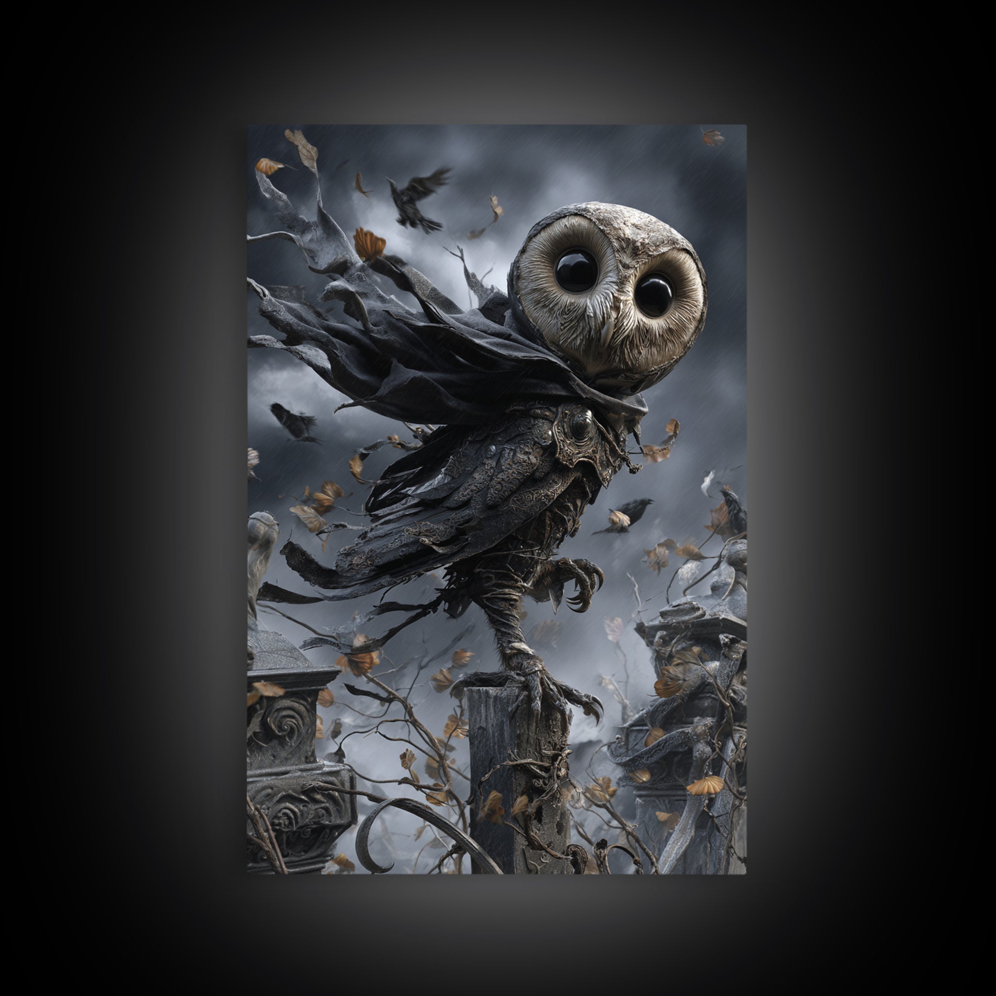 The Owl-Faced Omen, Vertical Wall Art, Spooky Home Decor, Canvas Print, Halloween Wall Decor, Gothic Home Decor, Macabre Wall Art