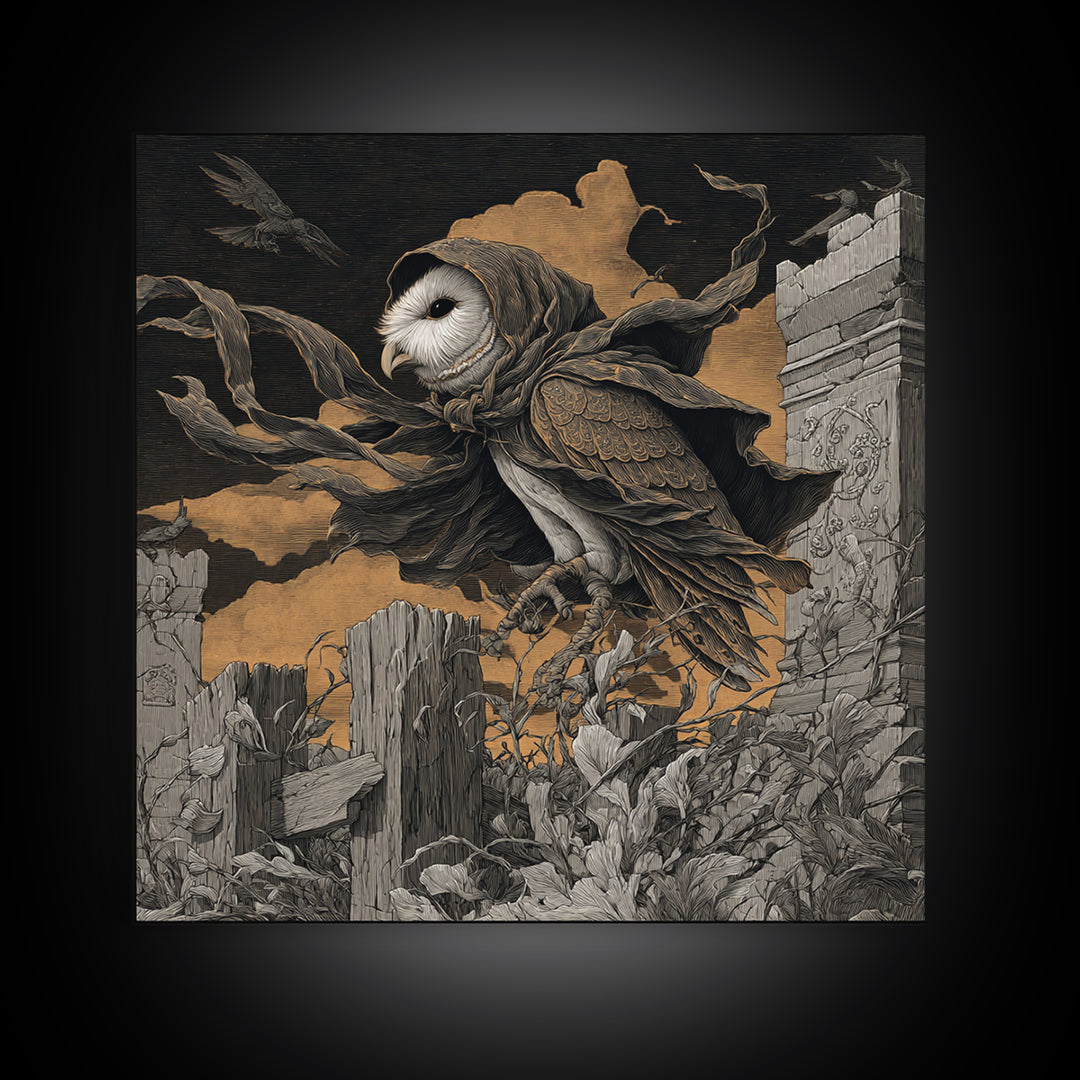 The Owl-Faced Omen, Square Wall Art, Gothic Horror Wall Art, Framed Canvas Print, Halloween Wall Decor, Gothic Home Decor, Spooky Wall Decor