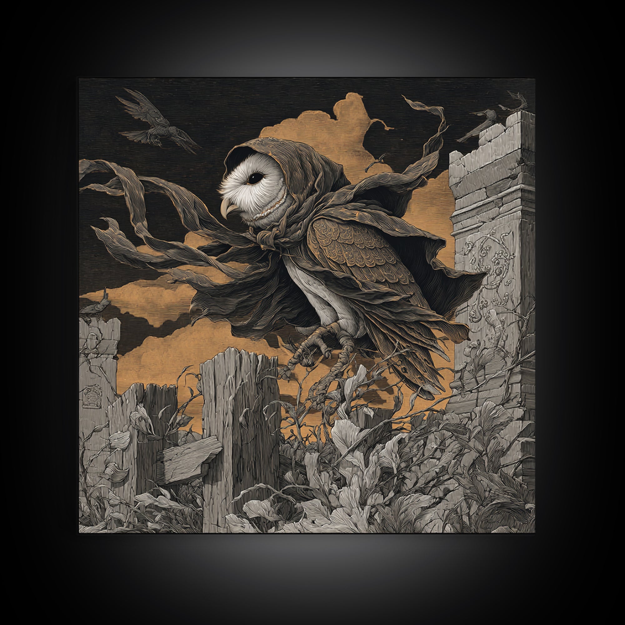 The Owl-Faced Omen, Square Wall Art, Gothic Horror Wall Art, Framed Canvas Print, Halloween Wall Decor, Gothic Home Decor, Spooky Wall Decor