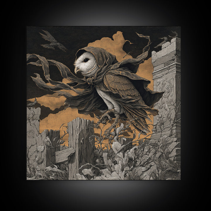 The Owl-Faced Omen, Square Wall Art, Gothic Horror Wall Art, Framed Canvas Print, Halloween Wall Decor, Gothic Home Decor, Spooky Wall Decor