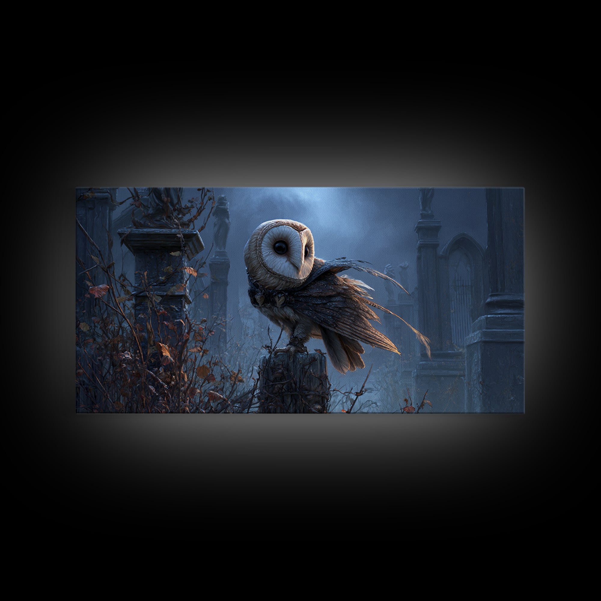 The Owl-Faced Omen, Wide Panoramic Art, Gothic Horror Wall Art, Framed Canvas Print, Halloween Wall Decor, Gothic Home Decor