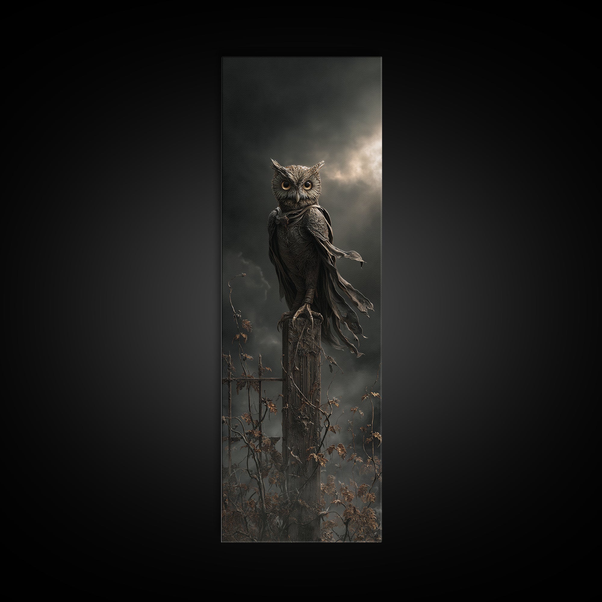 The Owl-Faced Omen, Tall Narrow Wall Art, Haunted Gothic Art, Framed Canvas Print, Halloween Wall Decor, Gothic Home Decor