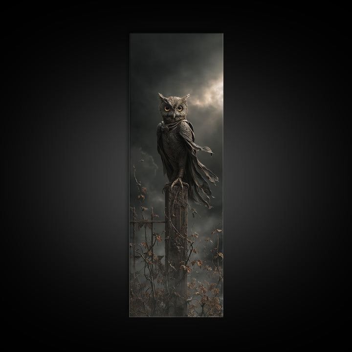 The Owl-Faced Omen, Tall Narrow Wall Art, Haunted Gothic Art, Framed Canvas Print, Halloween Wall Decor, Gothic Home Decor