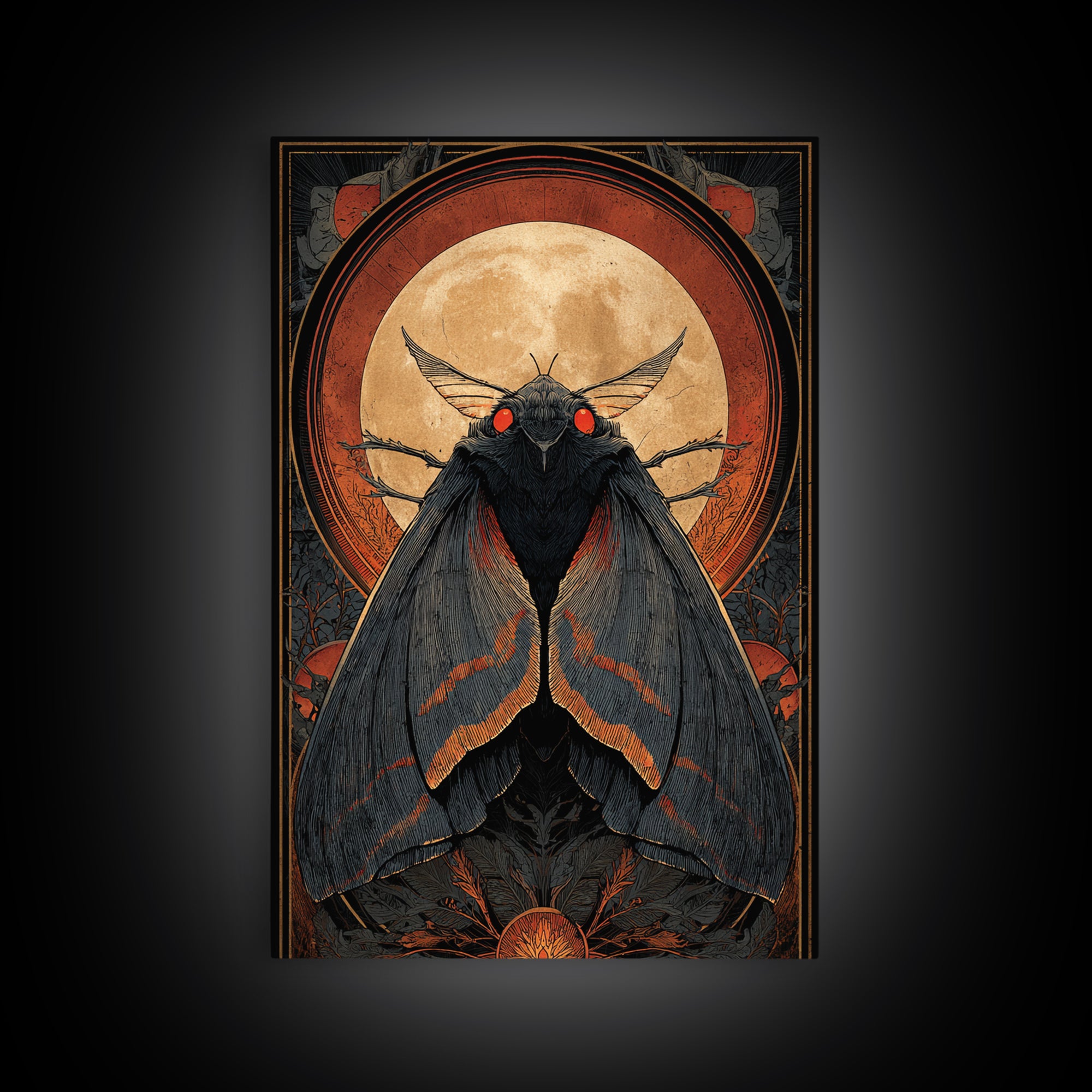 The Red-Eyed Moth Creature, Vertical Wall Art, Gothic Horror Wall Art, Framed Canvas Print, Halloween Wall Decor, Gothic Home Decor