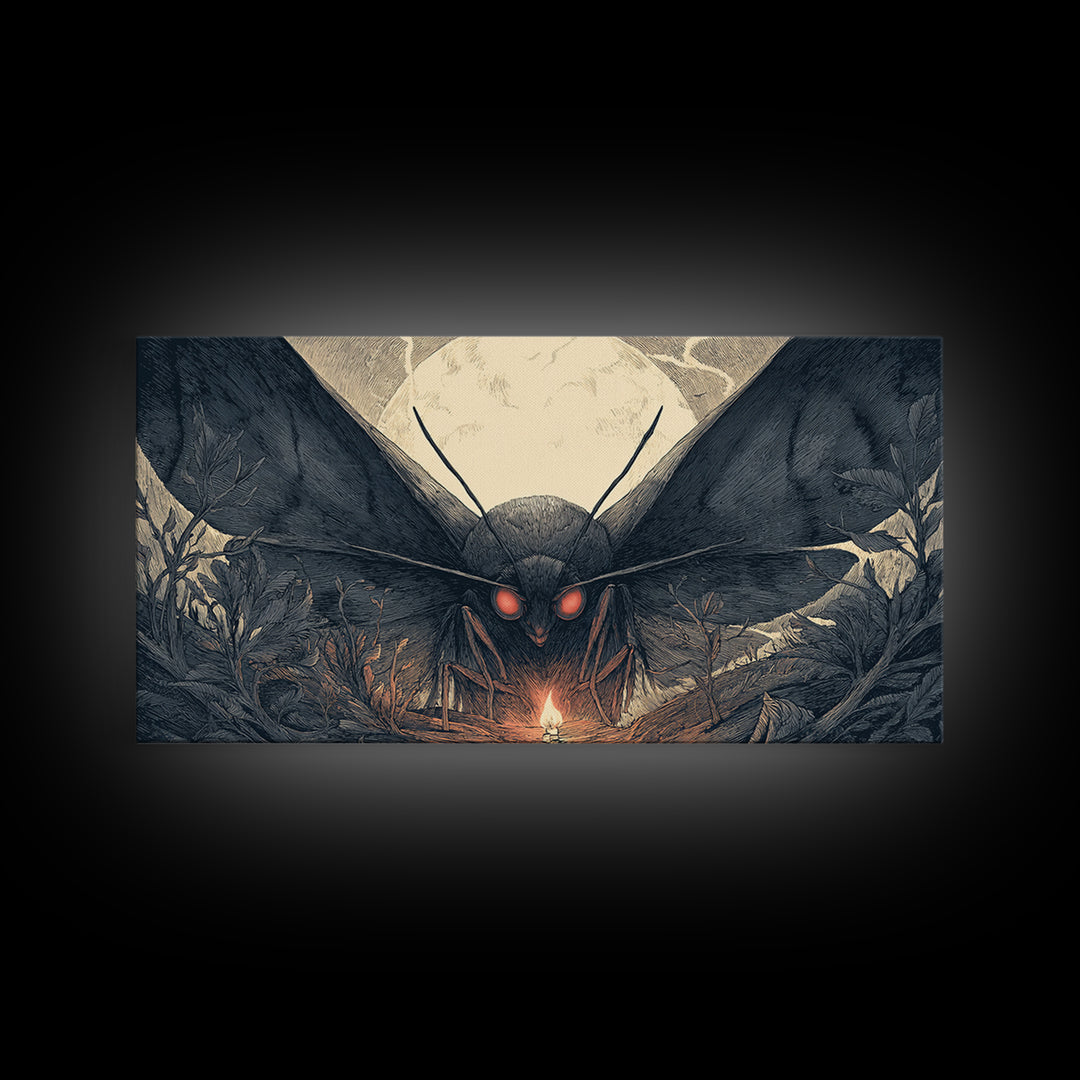 The Red-Eyed Moth Creature, Wide Panoramic Art, Spooky Home Decor, Canvas Print, Halloween Wall Decor, Gothic Home Decor, Macabre Wall Art