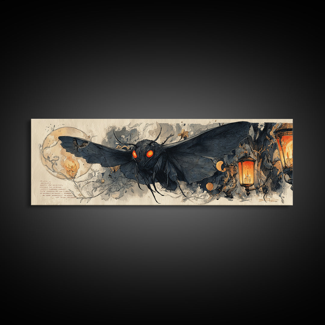 The Red-Eyed Moth Creature, Extra Wide Wall Art, Macabre Wall Art, Framed Canvas Print, Halloween Wall Decor, Gothic Home Decor