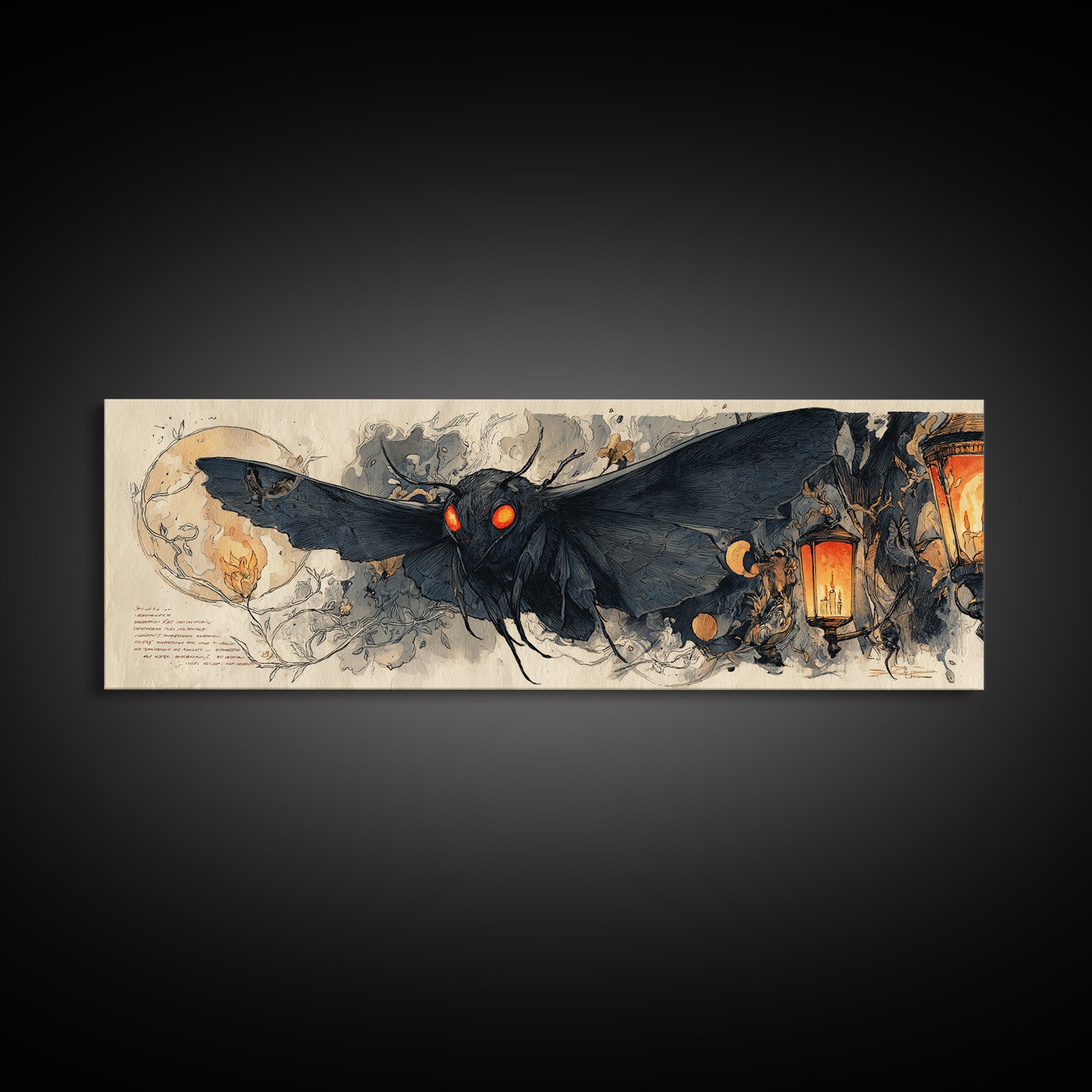 The Red-Eyed Moth Creature, Extra Wide Wall Art, Macabre Wall Art, Framed Canvas Print, Halloween Wall Decor, Gothic Home Decor