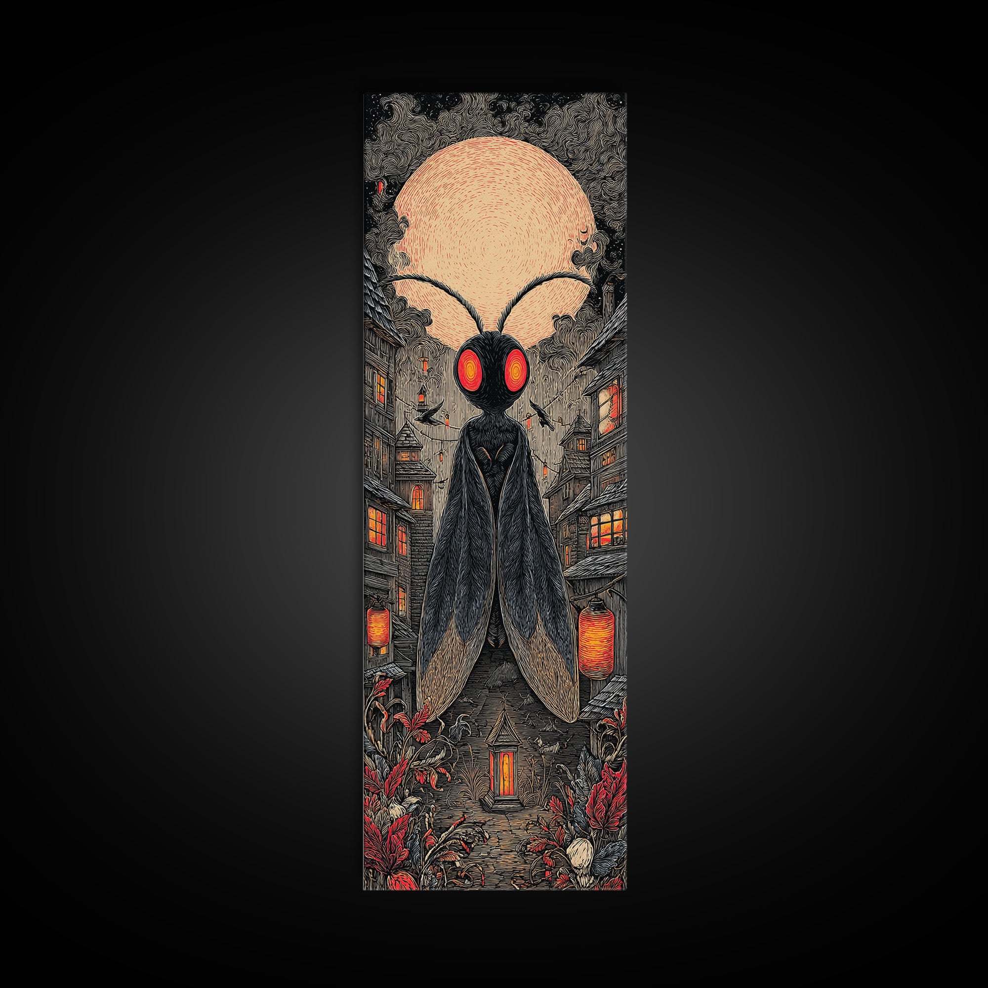 The Red-Eyed Moth Creature, Tall Narrow Wall Art, Spooky Home Decor, Canvas Print, Halloween Wall Decor, Gothic Home Decor