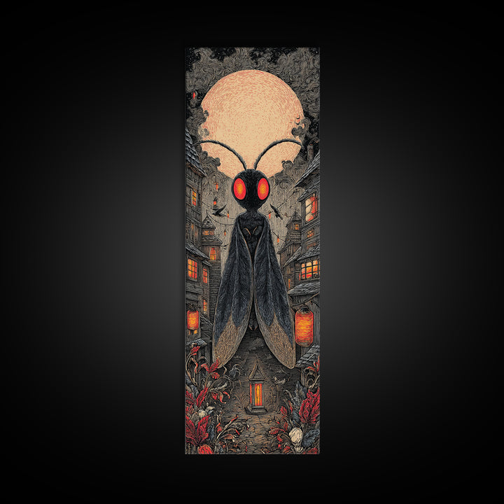 The Red-Eyed Moth Creature, Tall Narrow Wall Art, Spooky Home Decor, Canvas Print, Halloween Wall Decor, Gothic Home Decor