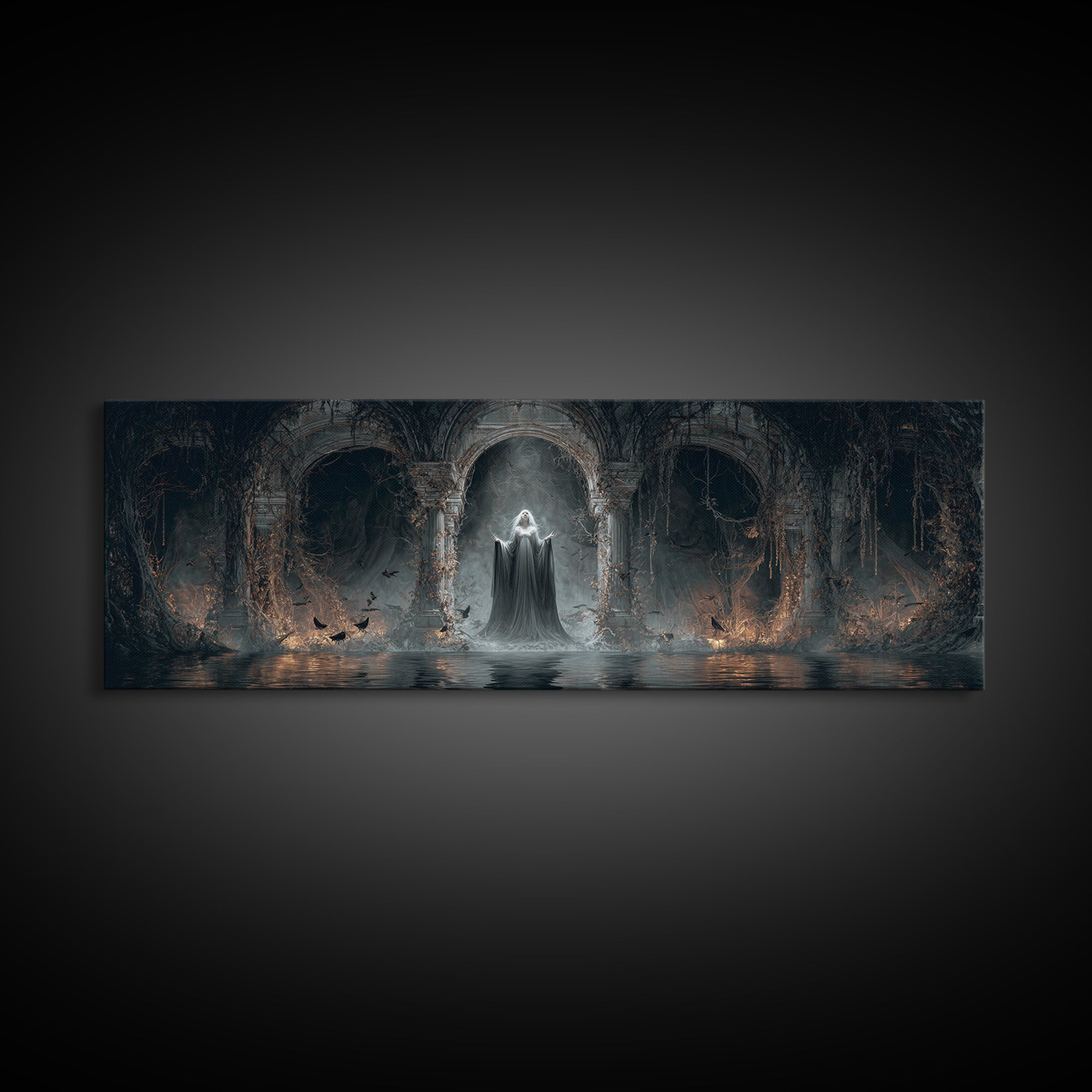 The Lake Phantom, Extra Wide Wall Art, Gothic Horror Wall Art, Framed Canvas Print, Halloween Wall Decor, Gothic Home Decor