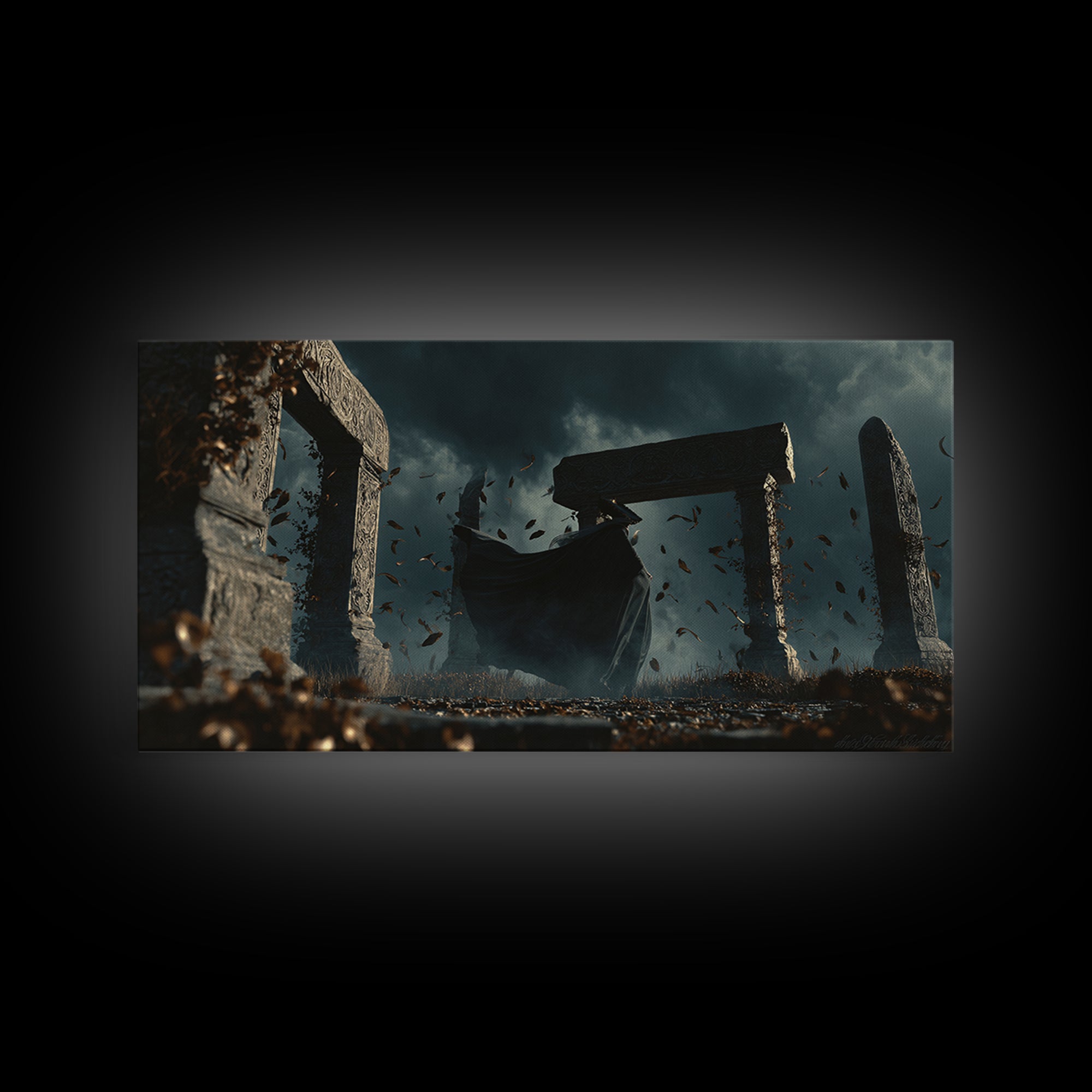 The Stone-Circle Spirit, Wide Panoramic Art, Gothic Horror Wall Art, Framed Canvas Print, Halloween Wall Decor, Gothic Home Decor